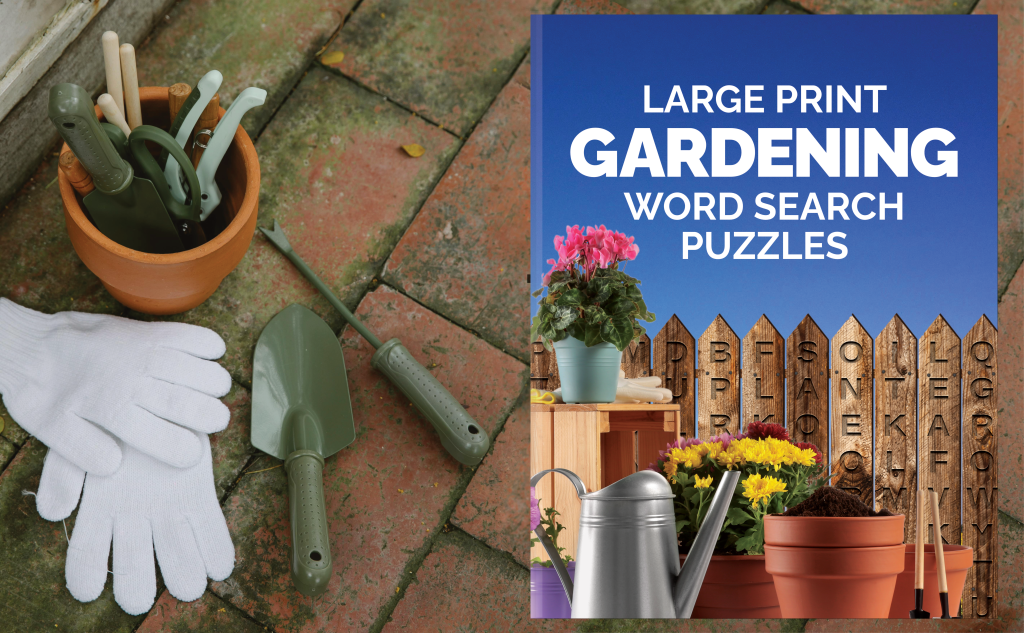 large print gardening word search puzzles book with garden tools